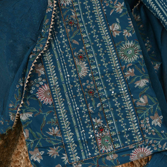 Inkblue Unstitched Cotton Salwar Suit With Chiffon Dupatta