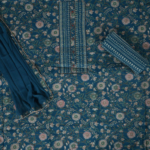 Inkblue Unstitched Cotton Salwar Suit With Chiffon Dupatta