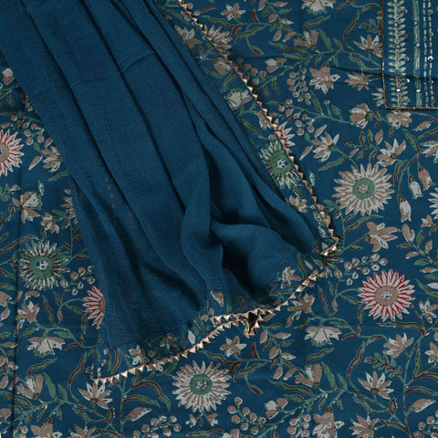 Inkblue Unstitched Cotton Salwar Suit With Chiffon Dupatta