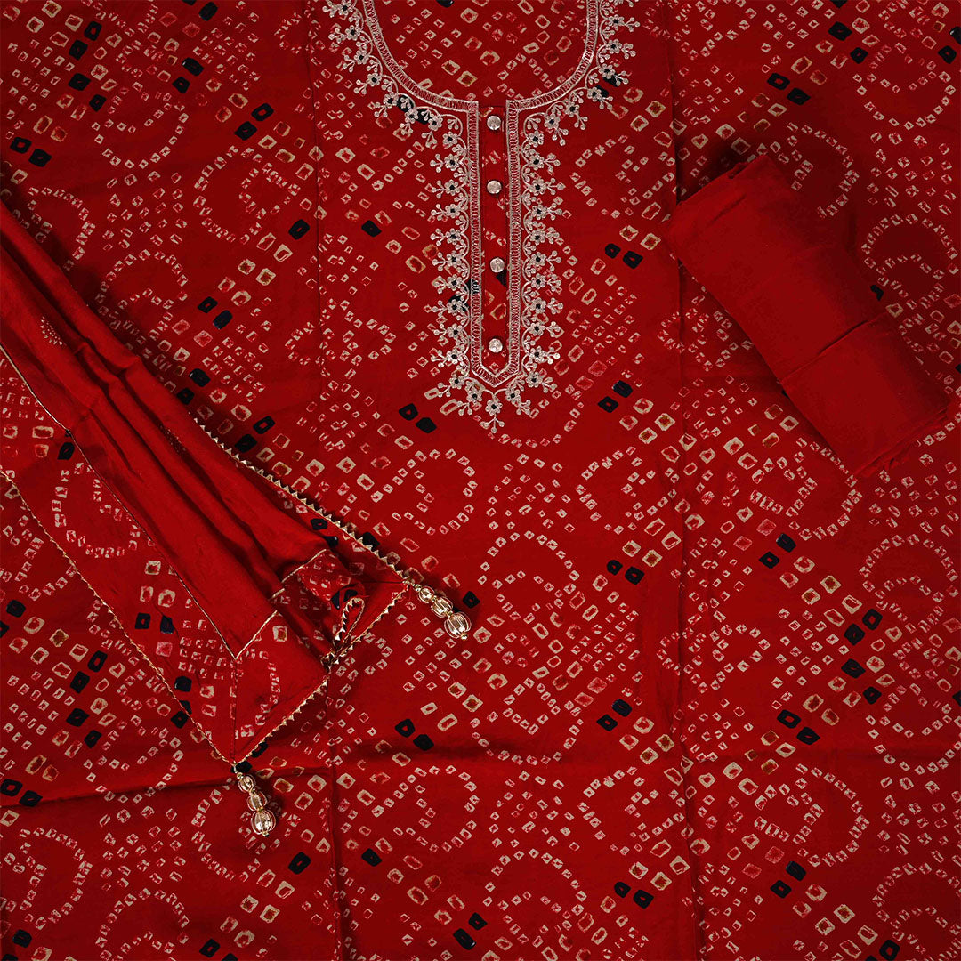 Jaipuri Bandhani Unstitched Muslin Salwar Rajasthani Suit With Silk Dupatta