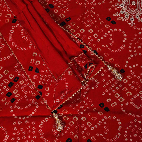 Jaipuri Bandhani Unstitched Muslin Salwar Rajasthani Suit With Silk Dupatta