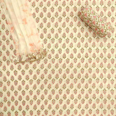 Jasmine White Unstitched Cotton Jaipuri Salwar Suit With Chiffon Dupatta