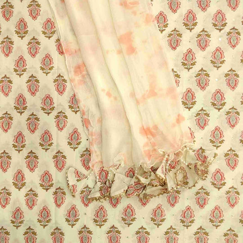 Jasmine White Unstitched Cotton Jaipuri Salwar Suit With Chiffon Dupatta