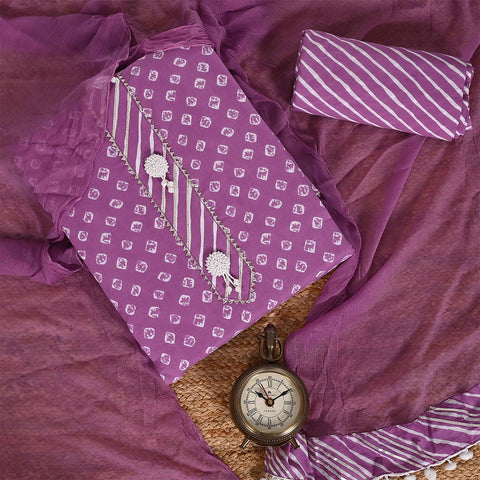 Lavender Bandhej Unstitched Cotton Jaipuri Salwar Suit With Chiffon Dupatta