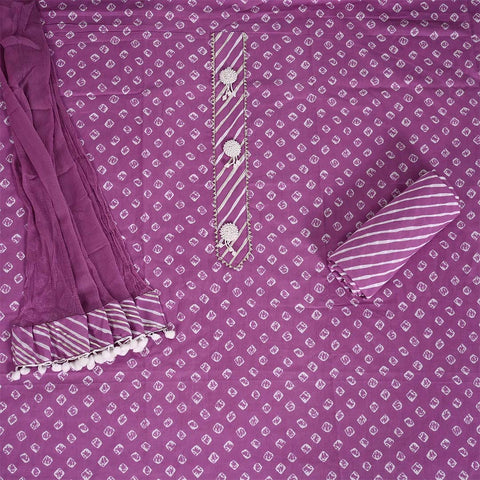 Lavender Bandhej Unstitched Cotton Jaipuri Salwar Suit With Chiffon Dupatta