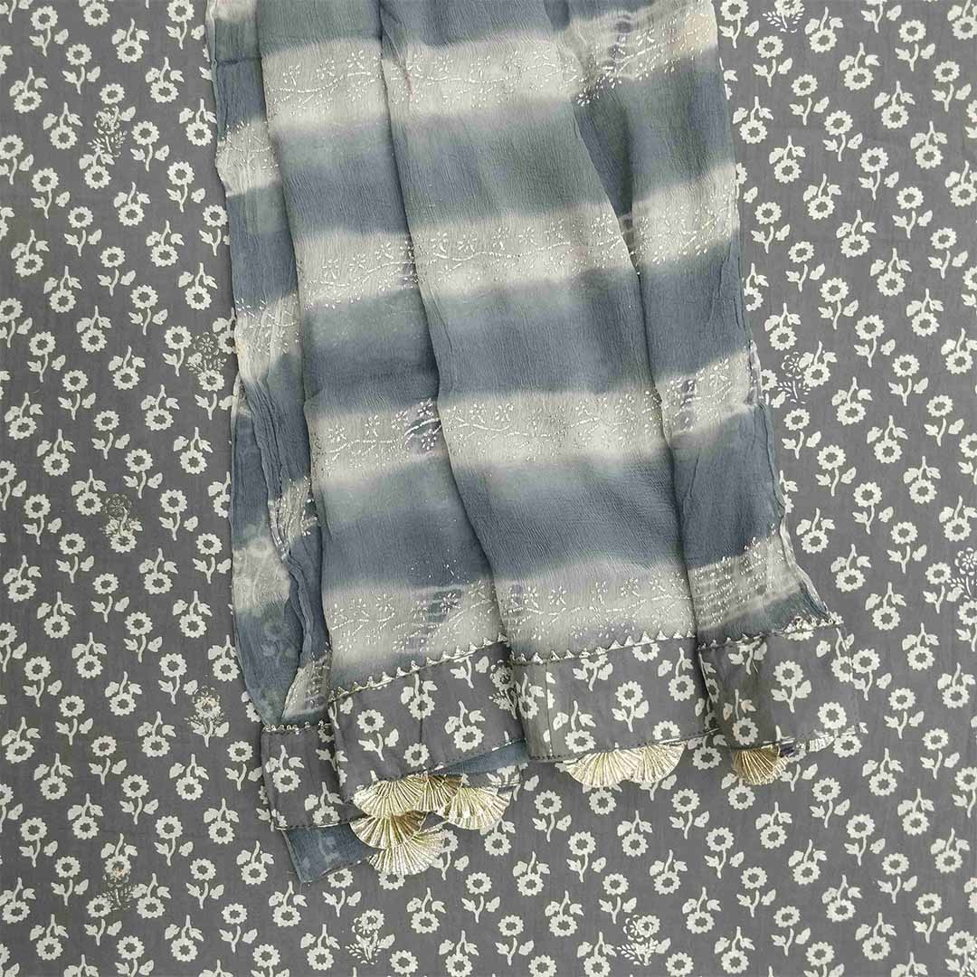 Lead Grey Unstitched Cotton Jaipuri Salwar Suit With Chiffon Dupatta