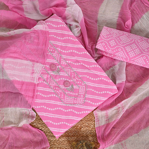 Leheriya Bandhej Unstitched Cotton Rajasthani Salwar Suit With Chiffon Dupatta
