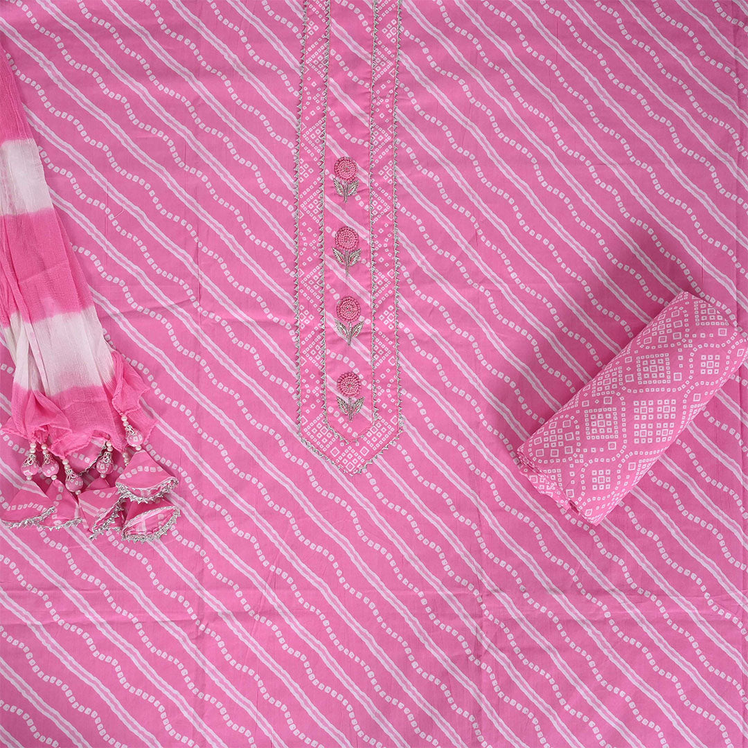 Leheriya Bandhej Unstitched Cotton Rajasthani Salwar Suit With Chiffon Dupatta