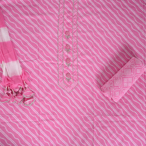 Leheriya Bandhej Unstitched Cotton Rajasthani Salwar Suit With Chiffon Dupatta