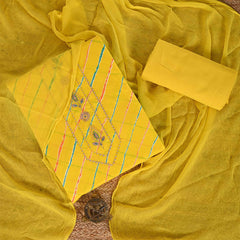Leheriya Yellow Leaf Work Unstitched Cotton Jaipuri Salwar Suit With Chiffon Dupatta