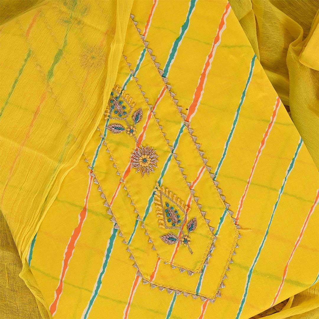 Leheriya Yellow Leaf Work Unstitched Cotton Jaipuri Salwar Suit With Chiffon Dupatta