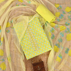 Lemon Green Cotton Unstitched Salwar Suit With Chiffon Dupatta