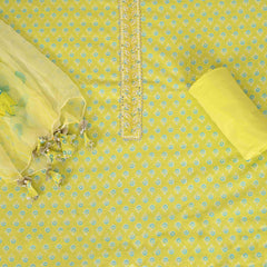 Lemon Green Cotton Unstitched Salwar Suit With Chiffon Dupatta