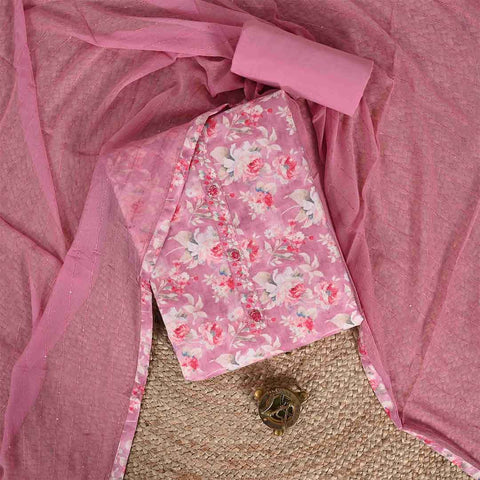 Light Mauve Floral Linen Unstitched Jaipuri Suit Set With Chiffon Dupatta