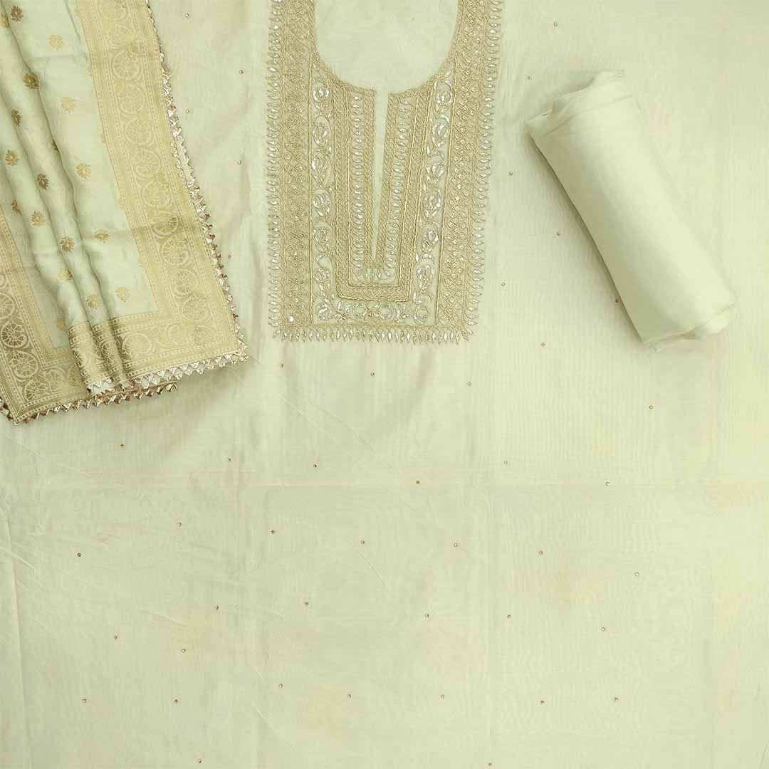Light Pista Gotapatti Unstitched Chanderi Jaipuri Suit Set With Dola Silk Dupatta
