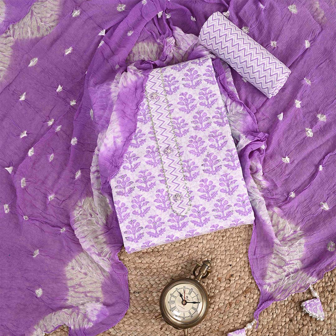 Lilac Purple Unstitched Cotton Jaipuri Suit Set With Chiffon Dupatta