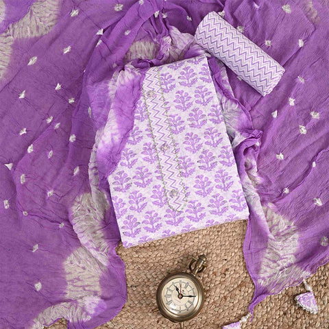 Lilac Purple Unstitched Cotton Jaipuri Suit Set With Chiffon Dupatta