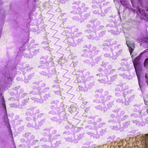 Lilac Purple Unstitched Cotton Jaipuri Suit Set With Chiffon Dupatta