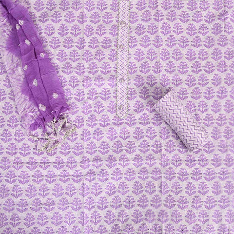 Lilac Purple Unstitched Cotton Jaipuri Suit Set With Chiffon Dupatta