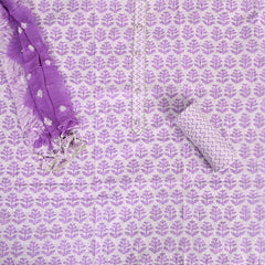 Lilac Purple Unstitched Cotton Jaipuri Suit Set With Chiffon Dupatta