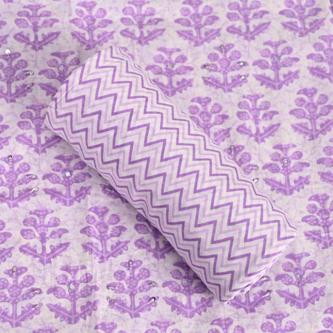 Lilac Purple Unstitched Cotton Jaipuri Suit Set With Chiffon Dupatta