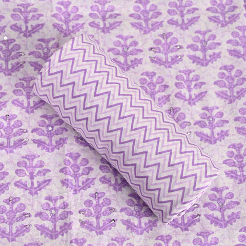 Lilac Purple Unstitched Cotton Jaipuri Suit Set With Chiffon Dupatta