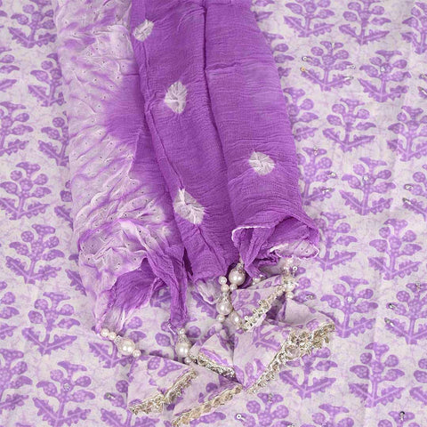 Lilac Purple Unstitched Cotton Jaipuri Suit Set With Chiffon Dupatta