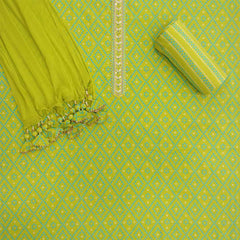 Lime Bandhej Unstitched Cotton Rajasthani Salwar Suit With Chiffon Dupatta