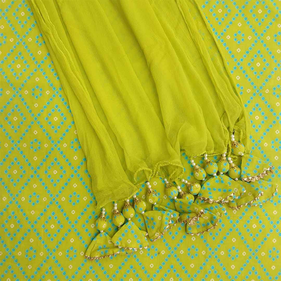 Lime Bandhej Unstitched Cotton Rajasthani Salwar Suit With Chiffon Dupatta