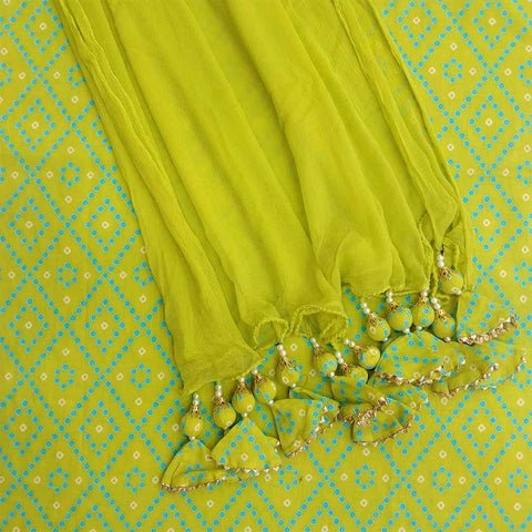 Lime Bandhej Unstitched Cotton Rajasthani Salwar Suit With Chiffon Dupatta