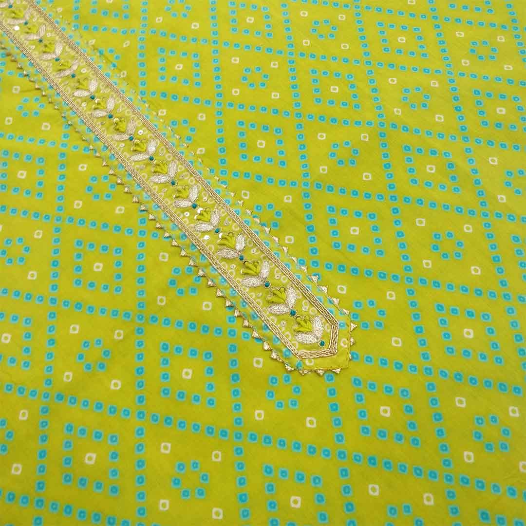 Lime Bandhej Unstitched Cotton Rajasthani Salwar Suit With Chiffon Dupatta