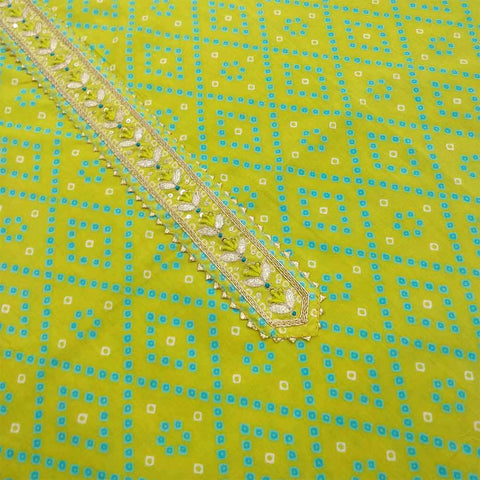 Lime Bandhej Unstitched Cotton Rajasthani Salwar Suit With Chiffon Dupatta