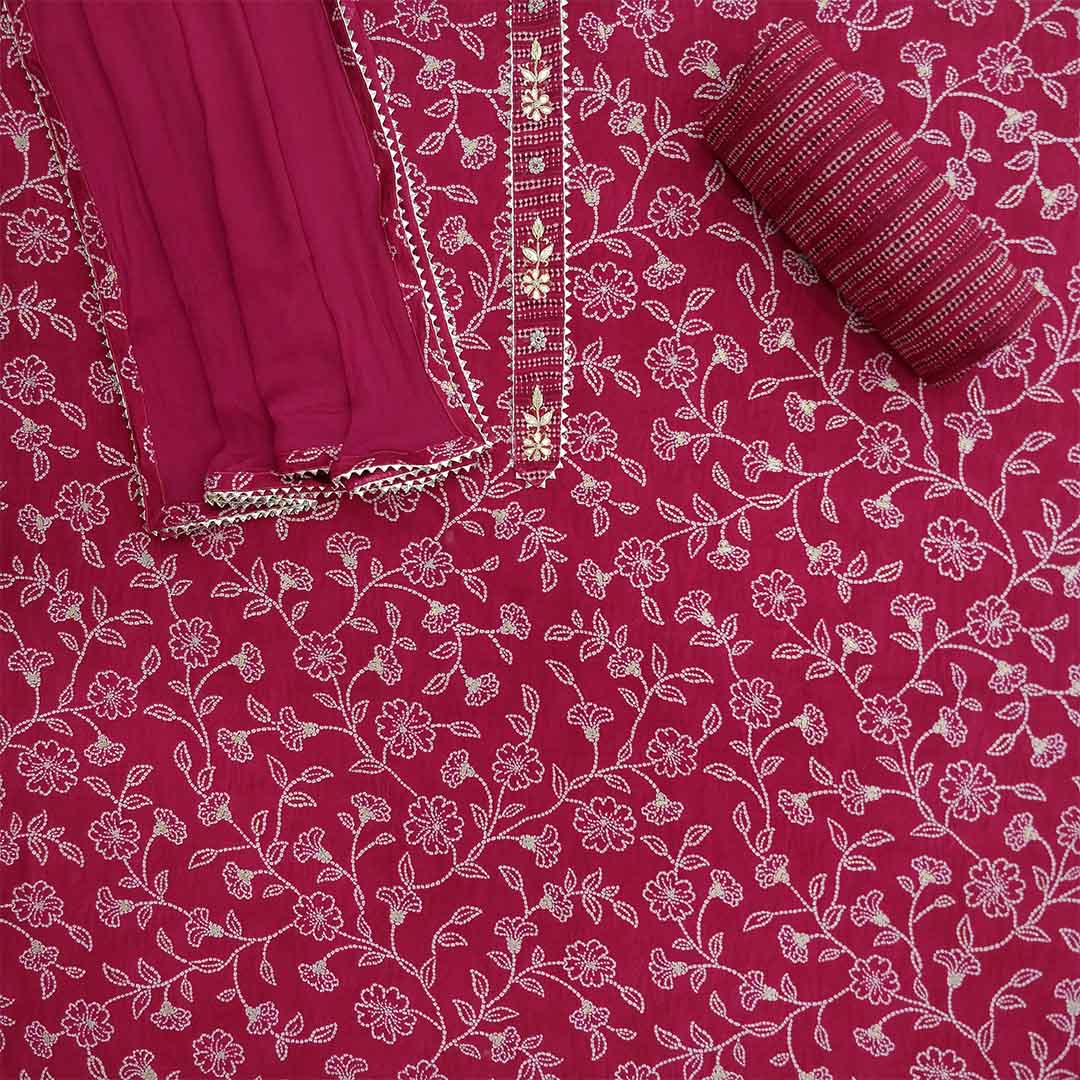 Magenta Unstitched Muslin Jaipuri Salwar Suit With Chiffon Dupatta