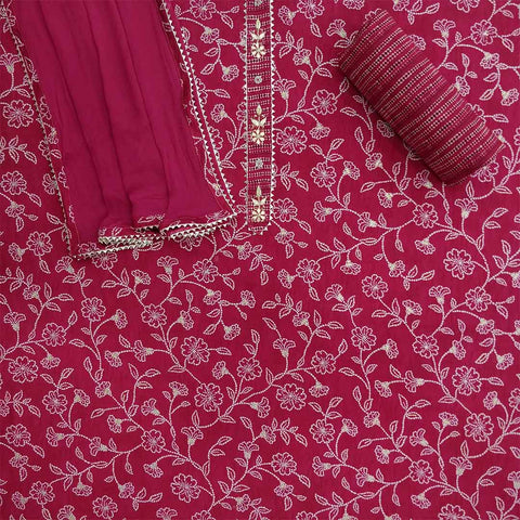 Magenta Unstitched Muslin Jaipuri Salwar Suit With Chiffon Dupatta