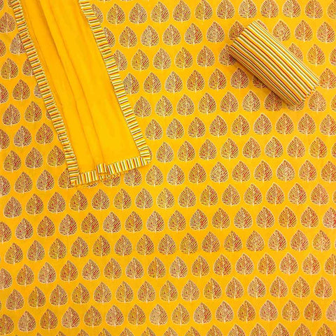 Maple Leaf Unstitched Cotton Jaipuri Suit Set With Chiffon Dupatta
