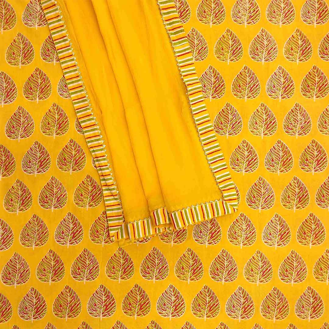 Maple Leaf Unstitched Cotton Jaipuri Suit Set With Chiffon Dupatta