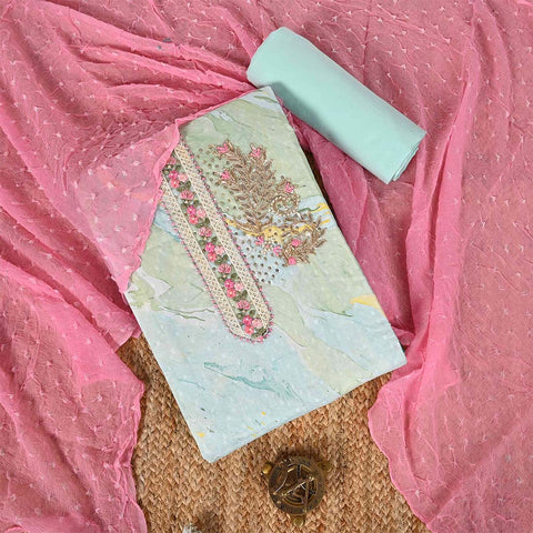 Marble Print Unstitched Cotton Jaipuri Salwar Suit With Chiffon Dupatta