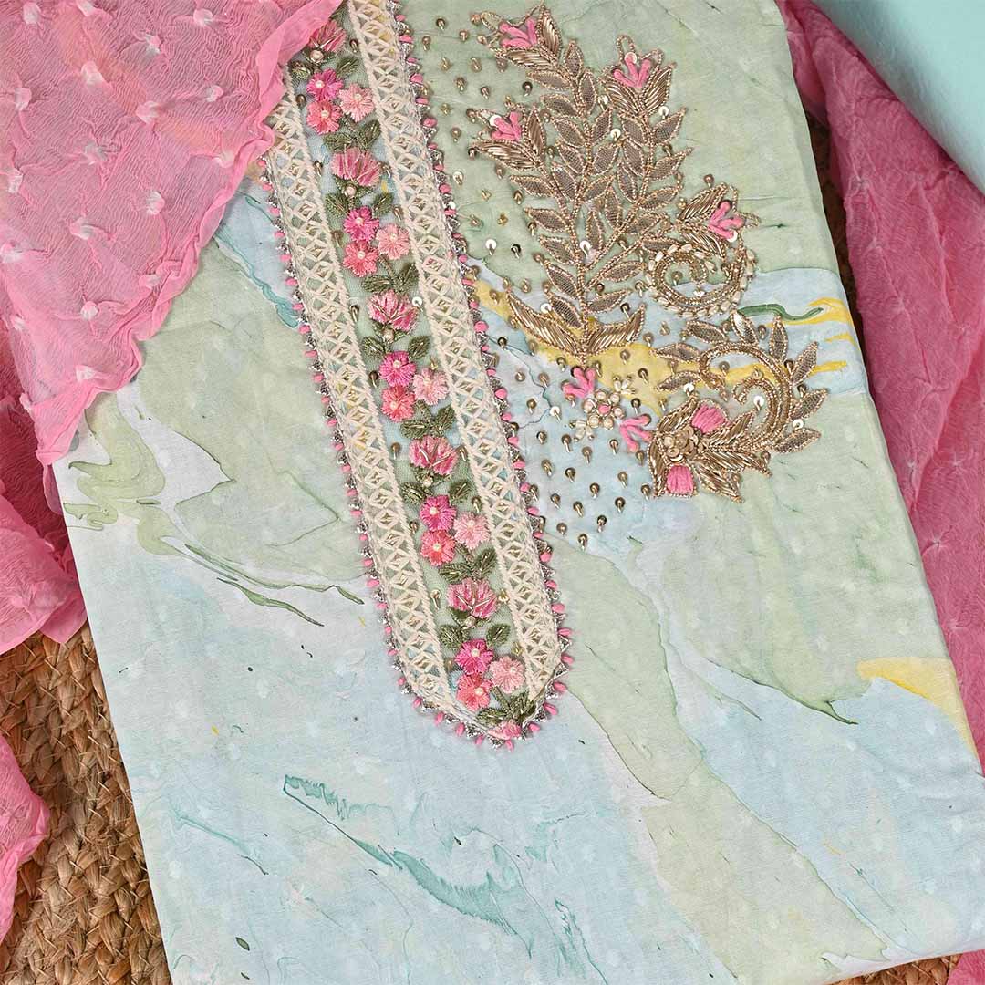 Marble Print Unstitched Cotton Jaipuri Salwar Suit With Chiffon Dupatta
