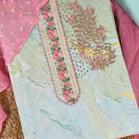 Marble Print Unstitched Cotton Jaipuri Salwar Suit With Chiffon Dupatta