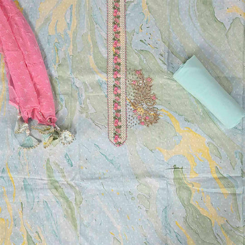 Marble Print Unstitched Cotton Jaipuri Salwar Suit With Chiffon Dupatta