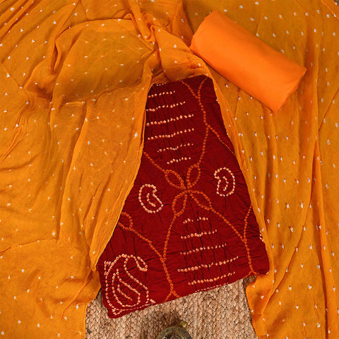 Maroon Bandhej Unstitched Cotton Jaipuri Salwar Suit With Chiffon Dupatta