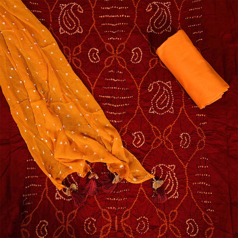Maroon Bandhej Unstitched Cotton Jaipuri Salwar Suit With Chiffon Dupatta