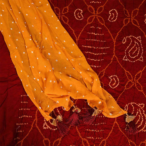 Maroon Bandhej Unstitched Cotton Jaipuri Salwar Suit With Chiffon Dupatta