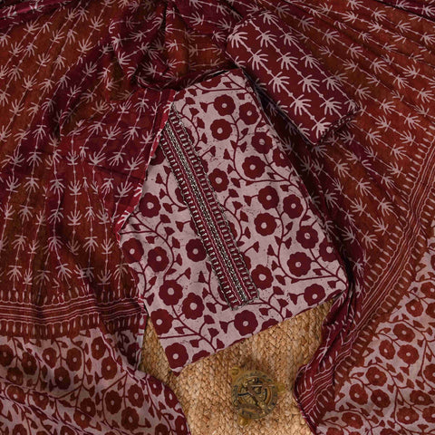 Maroon Batik Unstitched Cotton Suit Set With Chiffon Dupatta