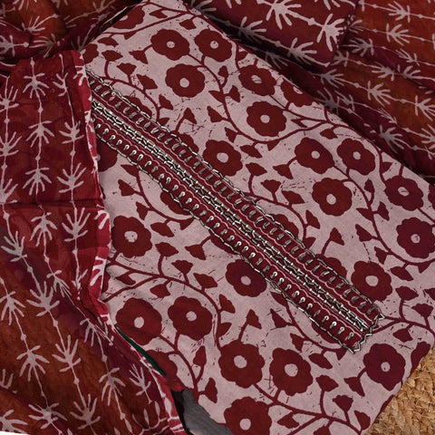 Maroon Batik Unstitched Cotton Suit Set With Chiffon Dupatta