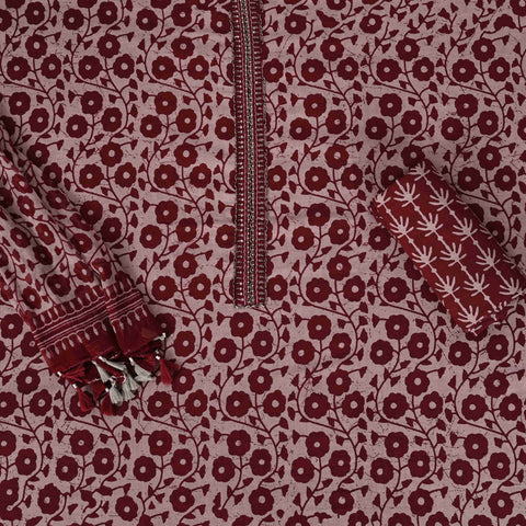 Maroon Batik Unstitched Cotton Suit Set With Chiffon Dupatta