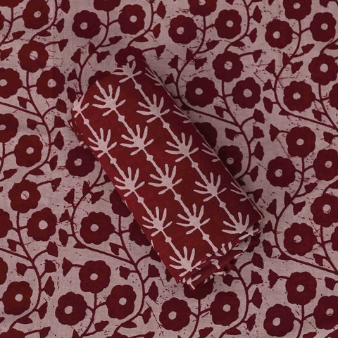 Maroon Batik Unstitched Cotton Suit Set With Chiffon Dupatta