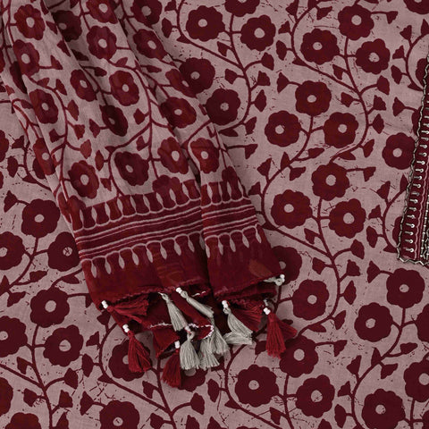 Maroon Batik Unstitched Cotton Suit Set With Chiffon Dupatta