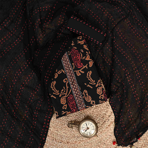 Midnight Black Bagh Print Unstitched Cotton Salwar Rajasthani Suit With Chiffon Dupatta