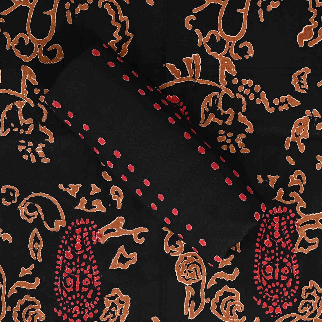 Midnight Black Bagh Print Unstitched Cotton Salwar Rajasthani Suit With Chiffon Dupatta